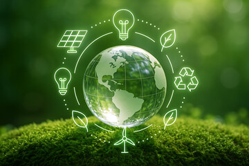 Eco-friendly sustainability and global environment concept featuring a crystal earth surrounded by solar, wind, and recycle icons on a vibrant mossy foreground