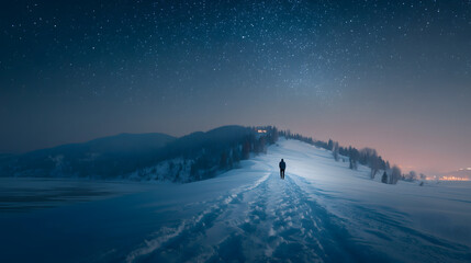 Lone figure walking through snow under starry night AI Generated
