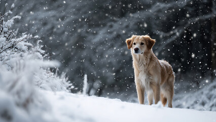 A Golden Dog's Quiet Gaze Amidst a Serene Winter Snowfall