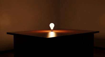 A single light bulb illuminates a wooden table in a dark room setting