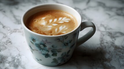 A ceramic mug with floral design holds a latte coffee featuring intricate foam art on a marble countertop