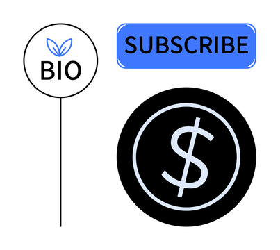 Dollar icon, Subscribe button, and BIO label with leaf design. Ideal for sustainability, eco-business, subscription services, finance, marketing, green initiatives simple flat metaphor