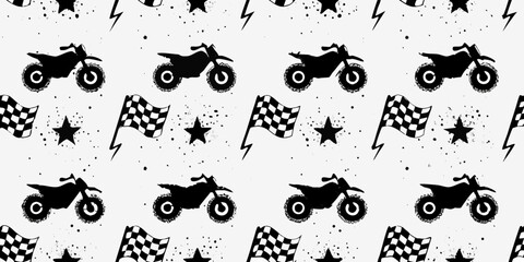 Seamless pattern of black silhouette motocross bikes checkered flags and stars on a white background