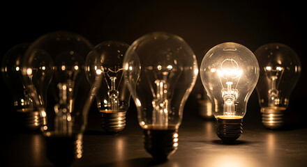 Group of light bulbs with one glowing brighter than the others in the dark