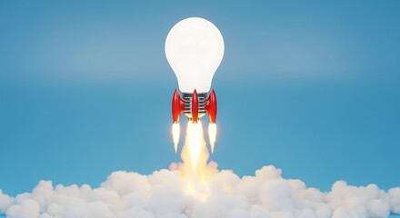 Light bulb rocket launching into the sky with smoke and cloud isolated on white background