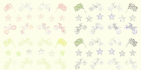 Collection of checkered racing flags and stylized motorcycles with stars in various colors and outlines