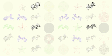 Whimsical pattern of hand drawn motorbikes stars checkered flags and circles on cream background