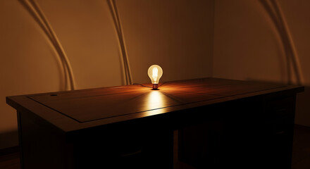 A single light bulb illuminates a wooden desk in a dark, empty room