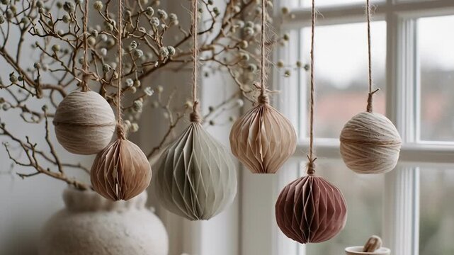 Cluster of neutral-toned handmade paper fan ornaments in beige, green, and rust hues hanging from jute strings on dried branches by a sunlit window, with a white vase below, evoking rustic holiday dec