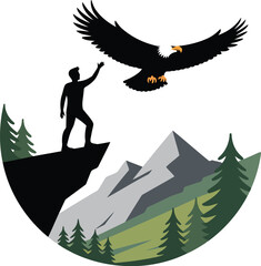 Obraz premium Eagle Soaring Above Mountain Hiker Silhouette Scenic Vista Nature Adventure Logo Inspiration