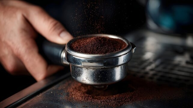 A barista prepares espresso by tamping finely ground coffee into a portafilter - Powered by Adobe