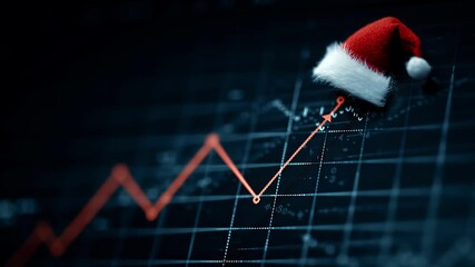 Red Santa hat with white pom-pom perched atop an upward-trending orange line graph on a dark grid background, symbolizing prosperous holiday business growth and festive financial success - Powered by Adobe