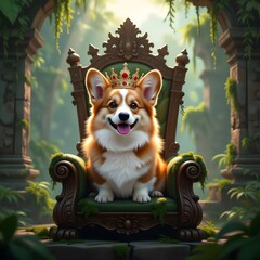 Royal Corgi Sitting on Throne with Crown, Fantasy Dog King Digital Art, Generated AI