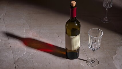 Wine bottle casting a red shadow with empty glasses, dramatic lighting.