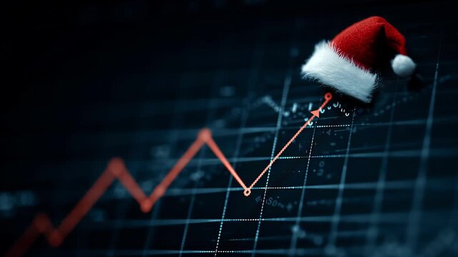 Red Santa hat with white pom-pom perched atop an upward-trending orange line graph on a dark grid background, symbolizing prosperous holiday business growth and festive financial success