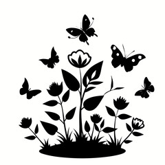 Elegant silhouette of flying butterflies gracefully surrounding a delicate flower in a floral design