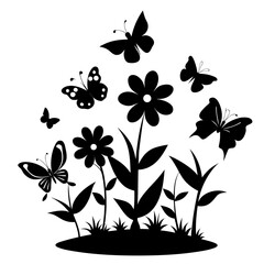 Elegant silhouette of flying butterflies gracefully surrounding a blooming flower in a delicate floral design
