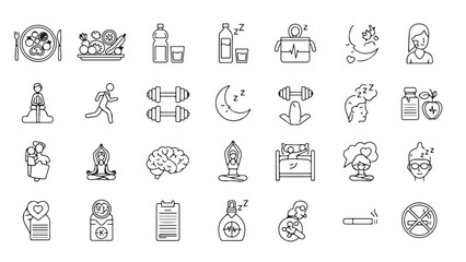 Healthy Lifestyle & Wellness Icons – Fitness, Nutrition, Mindfulness, Yoga, Meditation, Skincare, Immune Support, Supplements, Walking, Running. Vector Illustration Set for Health, Wellness,