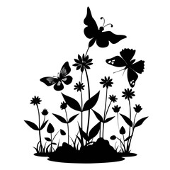 Elegant silhouette of delicate butterflies gracefully flying around a blooming flower