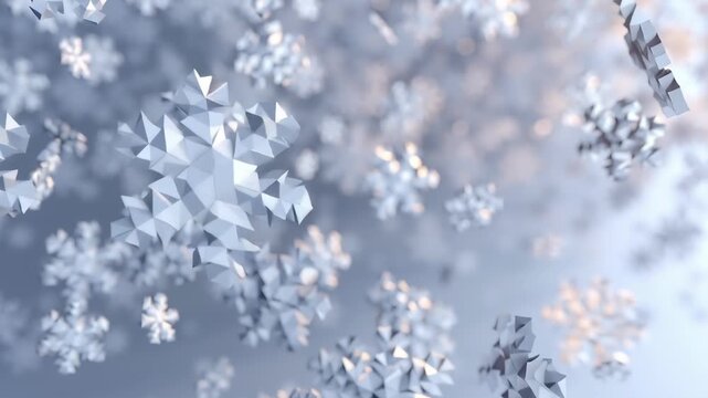 Abstract floating cluster of white polyhedral geometric snowflakes with sharp angular facets on a soft blue gradient background, evoking modern winter artistry and crystalline elegance for festive dig