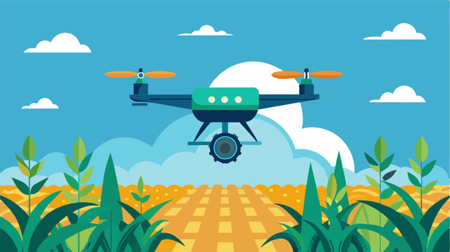 A drone equipped with AI technology flies over a vast crop field collecting and analyzing data on plant health soil quality and weather patterns to provide critical insights to the. Vector