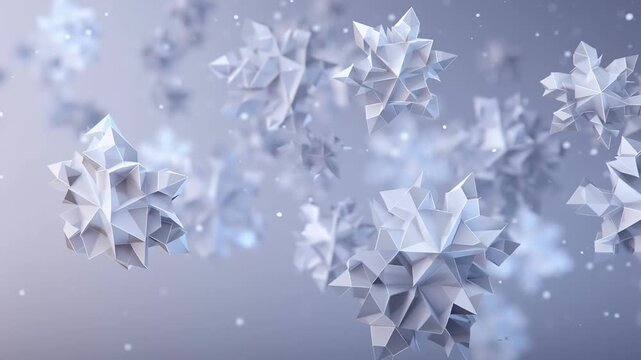 Abstract floating cluster of white polyhedral geometric snowflakes with sharp angular facets on a soft blue gradient background, evoking modern winter artistry and crystalline elegance for festive dig