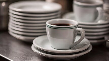 A white ceramic coffee cup with green stripes filled with dark coffee sits on saucers next to a stack of white plates