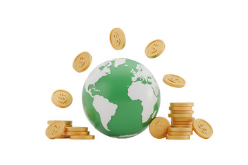 3D Render of Green Earth Globe with Floating Gold Dollar Coins and Stacks, Isolated on Transparent Background