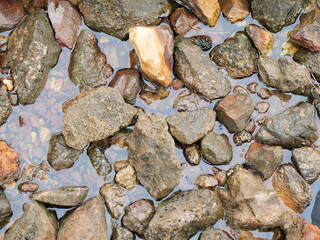 Stones and pebbles in shallow water with smooth and rough surfaces. Copyspace.