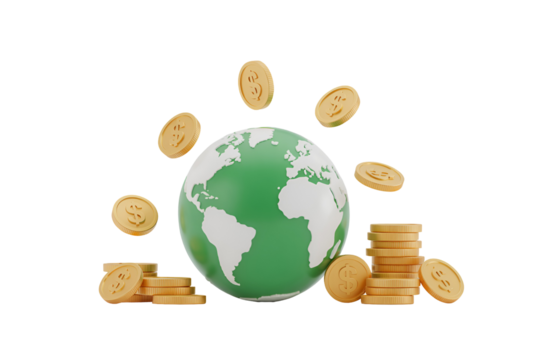 3D Render of Green Earth Globe with Floating Gold Dollar Coins and Stacks, Isolated on Transparent Background