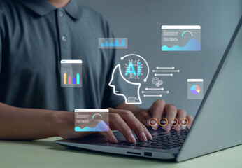 Artificial intelligence and data analytics concept showing person typing on laptop with digital charts and AI interface. Perfect for machine learning, automation, technology, and innovation themes.