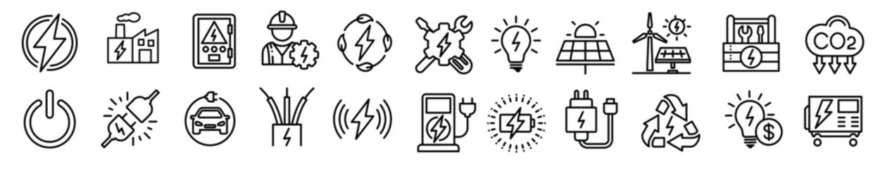 Energy Thin Line Icon Set – Minimal, modern icons representing electricity, renewable energy, and green technology.