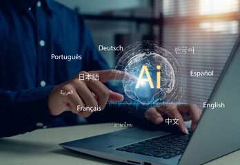 AI translation and multilingual communication technology concept with person interacting on a laptop. Perfect for global business, digital innovation, artificial intelligence,language learning themes.