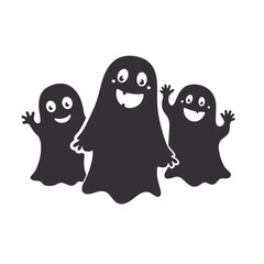 Three cartoon ghosts with happy expressions waving their hands in a playful and friendly manner