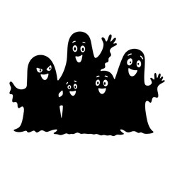 A spooky group of five black ghosts with various expressions waving and smiling on a white background