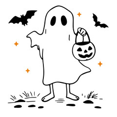 A halloween ghost carrying a jack o lantern bucket with bats and stars in a black and white illustration