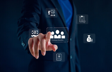 Employee benefits and human resource management concept. Businessman touching digital interface showing salary, insurance, bonus, and career development. HR technology and corporate welfare strategy.