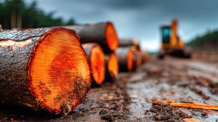 Freshly cut tree trunks are lined up on a muddy path in a forest. heavy machine is seen in the background, indicating ongoing logging work under cloudy conditions