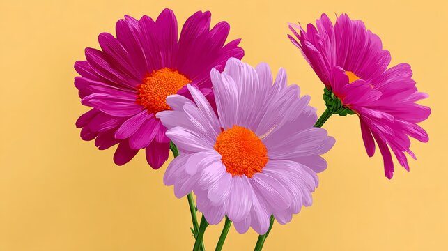 Vibrant bouquet of pink and purple daisies with bright orange centers, arranged against a soft yellow background, showcasing the beauty of floral design and nature's colorful palette