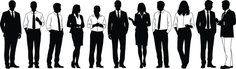 Silhouettes of diverse business professionals, men and women in formal attire, corporate team, leadership concept, networking, communication, white background