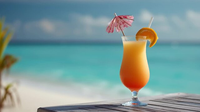Vibrant orange cocktail in tall glass with umbrella and orange slice garnish on wooden table, turquoise ocean and palm trees in background. Refreshing beach vacation drink under blue sky
