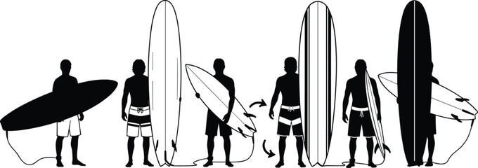 Surfer silhouettes with boards, surfboard types, beach lifestyle, wave riding, ocean sport, standing pose, leash, gear, summer, adventure