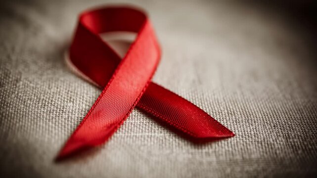 Vibrant red satin ribbon looped elegantly on neutral gray fabric background, symbolizing HIV/AIDS awareness and support. Simple, poignant emblem for health campaigns and compassion