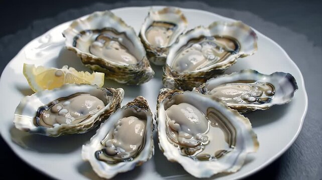 Exquisite Fresh Raw Oysters Plated with Lemon Wedge on a White Dish a Gourmet Seafood Delicacy Perfect for Appetizers and Fine Dining Experiences