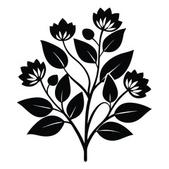 Stylized black blossom tree with oval fruits and pointed foliage creates a simple visual