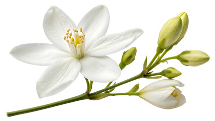 Fototapeta premium Airborne jasmine blossom and unopened bud cut out on PNG. AI GENERATED.