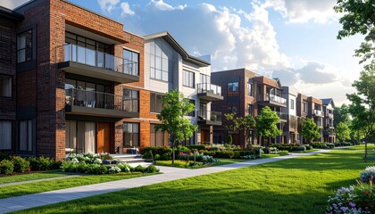 Modern multifamily housing property with brick, siding facade features balconies, manicured lawns