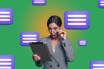 Full composite zine art pop trend collage of happy girl guy stand bubble correspondence cv icon webpage chat dialogue conversation