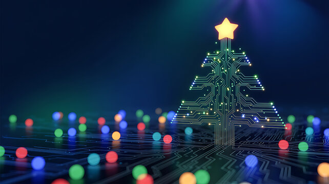 christmas tree with lights , technological style - Powered by Adobe