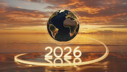Stunning 3D illustration of glowing 2026 numbers on a beach at sunset with a radiant Earth in the background. New Year, future, celebration, global events, and holiday